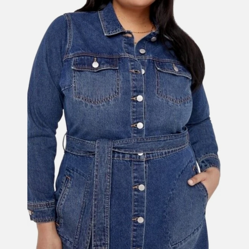 JUST FAB DARK WASH BELTED BUTTON UP DENIM JACKET DRESS - Picture 4 of 11